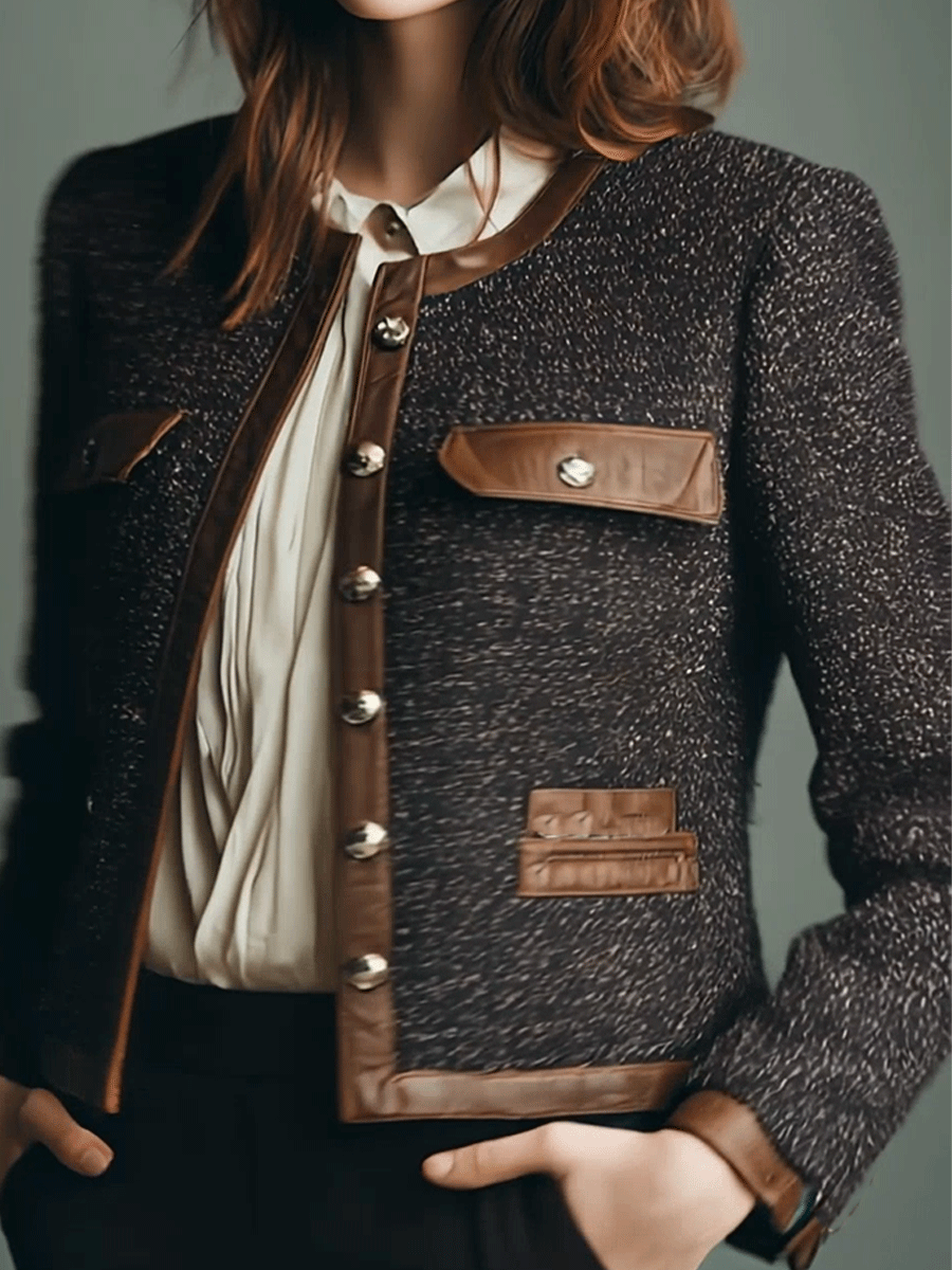 Classic Vintage Leather Trim Tweed Jacket