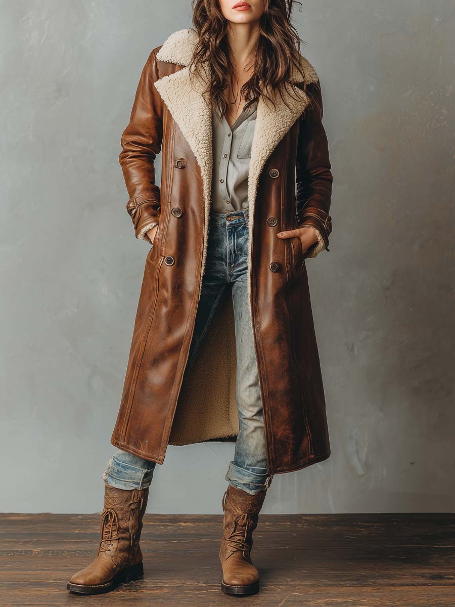 Vintage Shearling-Lined Brown Leather Coat