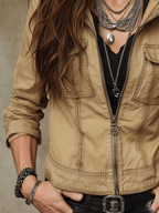 Casual Stand Collar Khaki Zip-Up Work Jacket