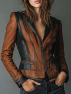 Vintage Brown & Black Contrast Leather Moto Jacket