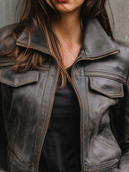 Vintage Eco Leather Moto Biker Cropped Jacket With Front Pockets