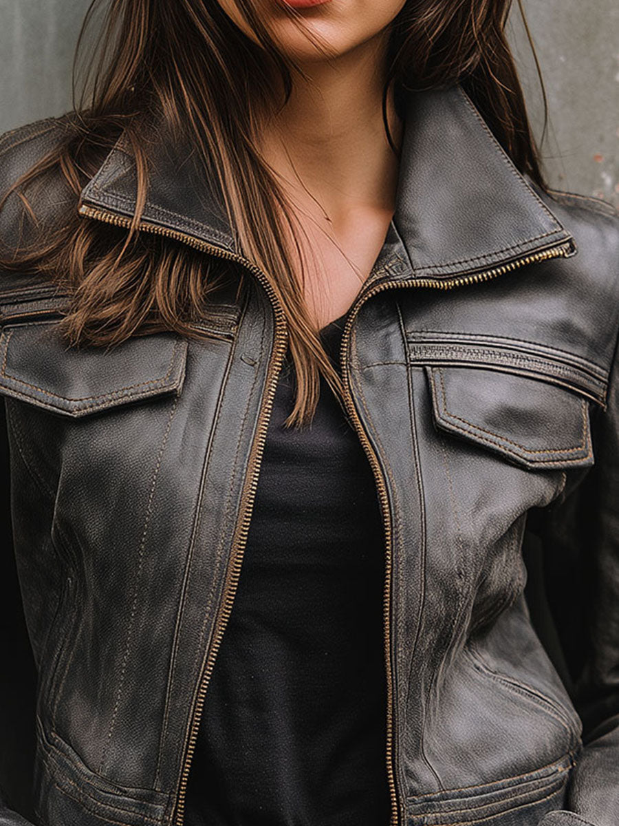 Vintage Eco Leather Moto Biker Cropped Jacket With Front Pockets