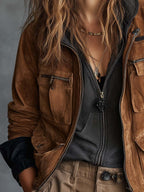 Vintage Suede Utility Jacket With Leather Trim