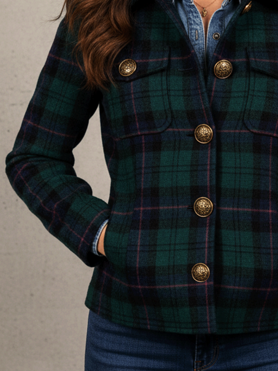 Vintage Green And Navy Plaid Button Detailing Jacket