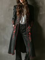 Retro Boho Floral Embroidered Black Long Coat