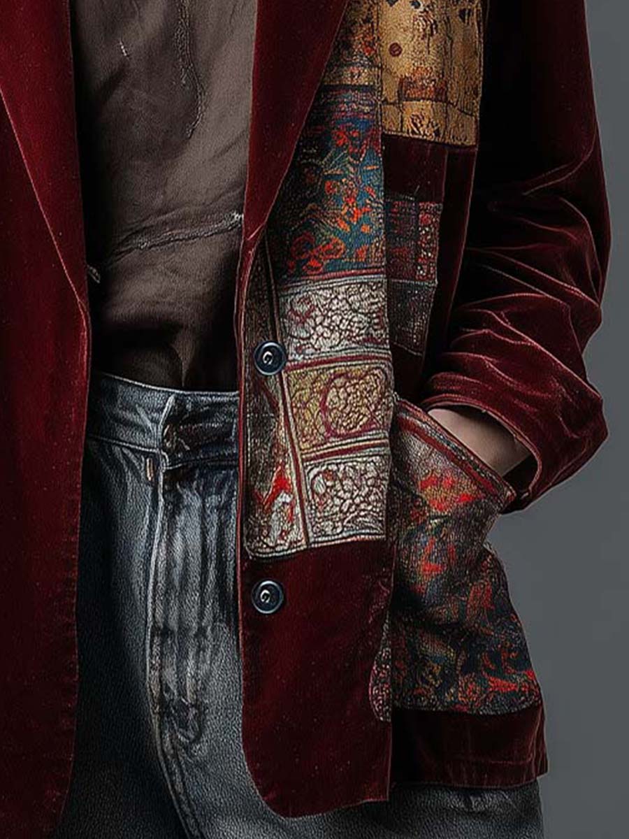 Vintage Patchwork Print Velvet Blazer