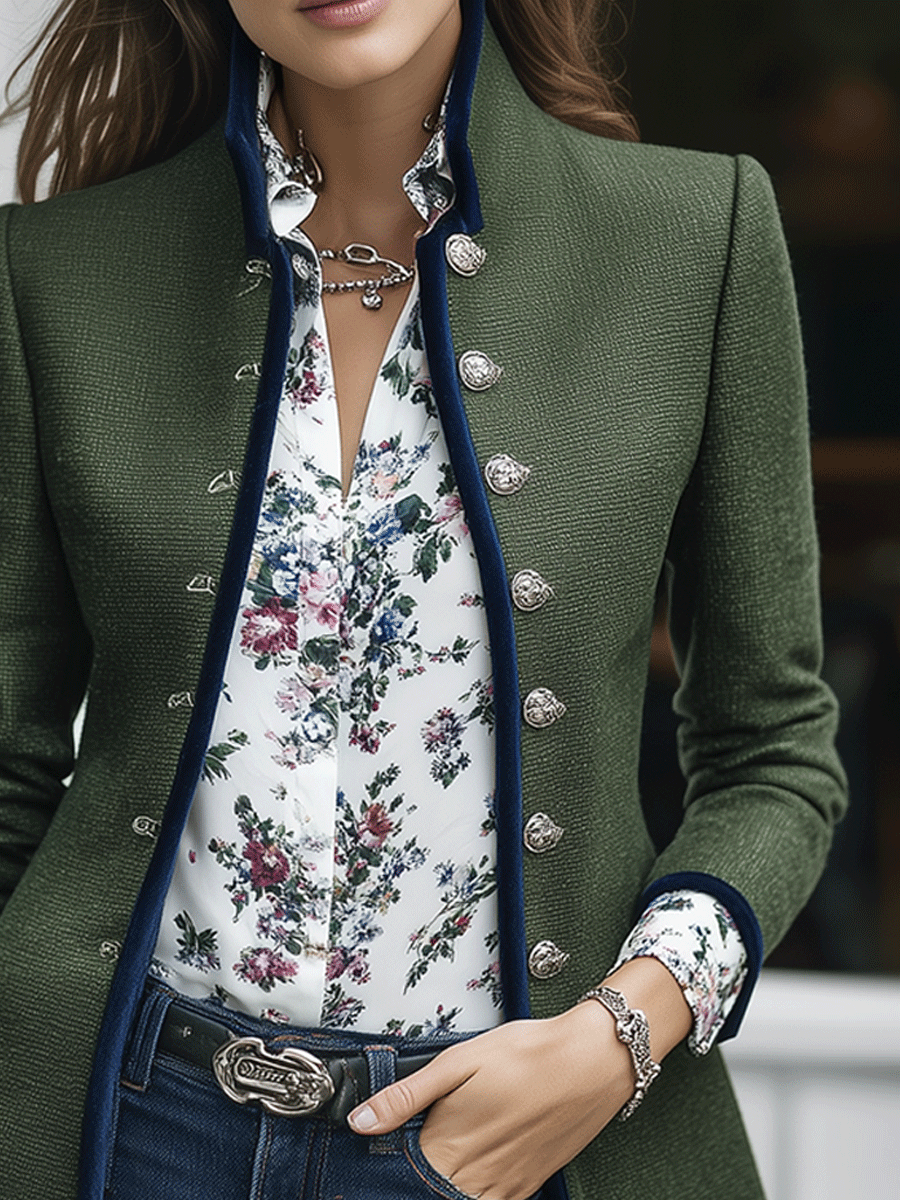 Vintage Military-Inspired Contrast Trim Green Tailored Blazer