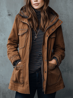 Retro Casual Outdoor Caramel Brown Utility Parka Hooded Jacket