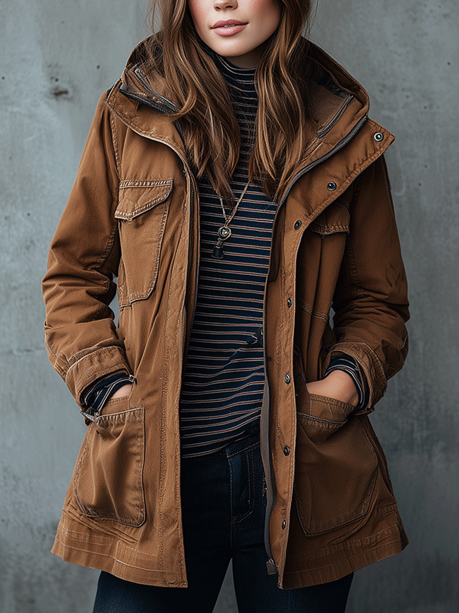 Retro Casual Outdoor Caramel Brown Utility Parka Hooded Jacket