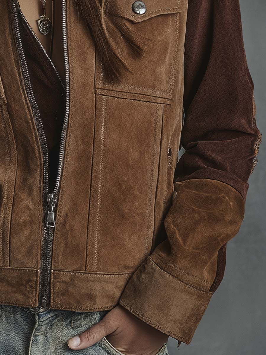 Vintage Suede Patchwork Jacket With Zipper Closure