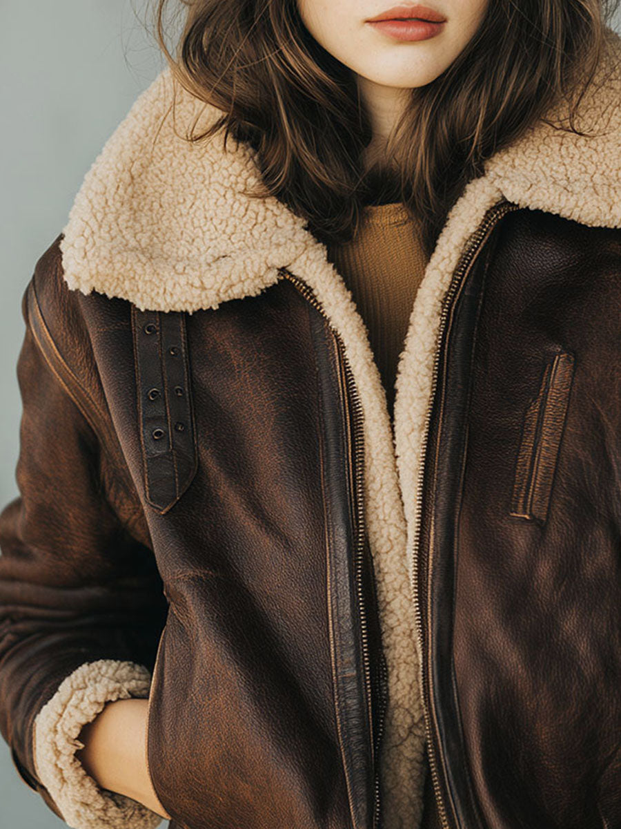 Vintage Shearling Dark Brown Eco Leather Aviator Bomber Jacket