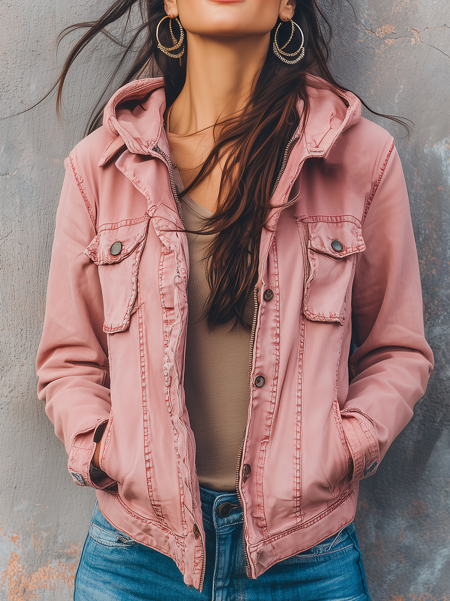 Vintage Hooded Washed Long-sleeved Denim Jacket