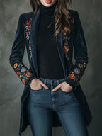 Elegant Long Velvet Floral Embroidered Long Jacket