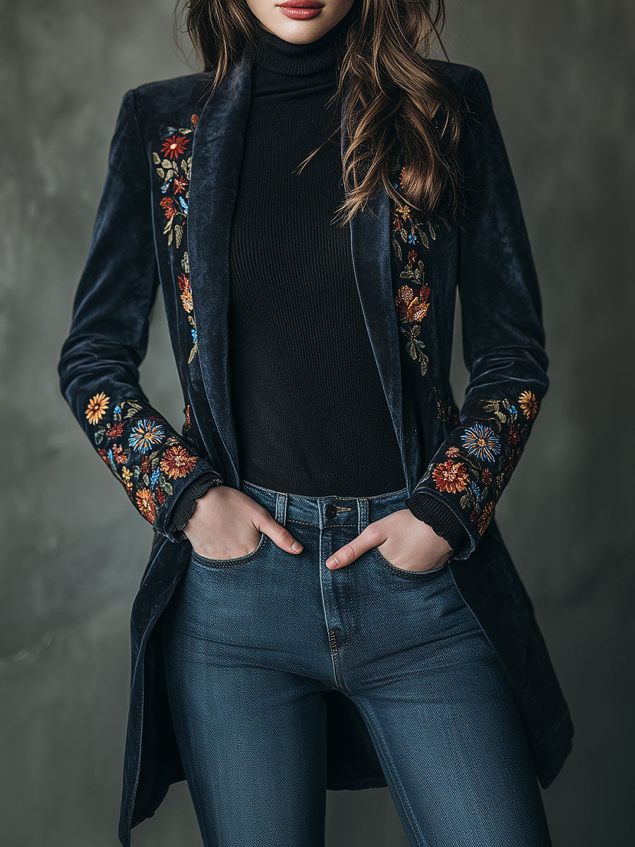 Elegant Long Velvet Floral Embroidered Long Jacket