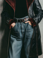 Retro Black Eco Leather & Burgundy Shearling Lining Coat With Buckle Cuffs