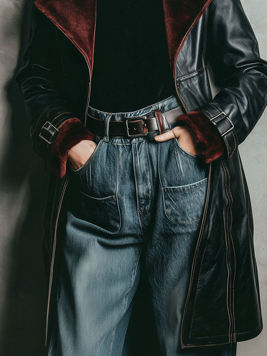 Retro Black Eco Leather & Burgundy Shearling Lining Coat With Buckle Cuffs