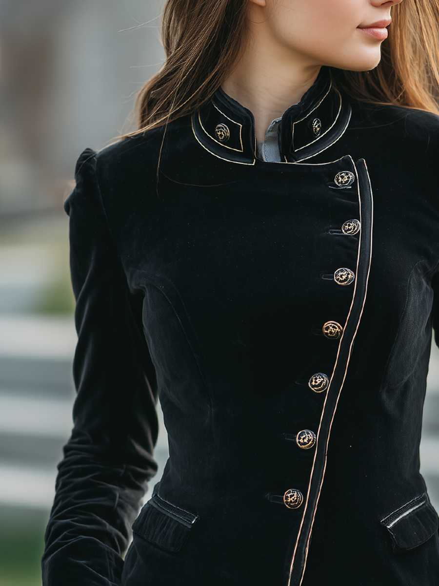 Vintage Stand-up Collar Irregular Metal Button Velvet Jacket