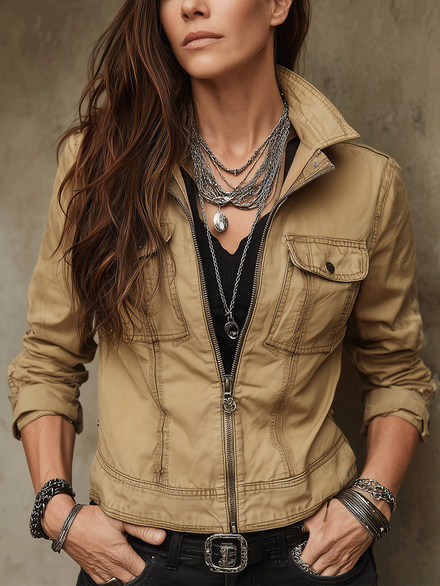Casual Stand Collar Khaki Zip-Up Work Jacket