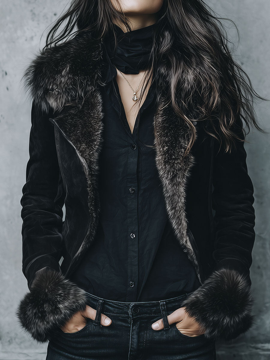 Vintage Black Eco Fluffy Lining And  MIcrosuede Jacket