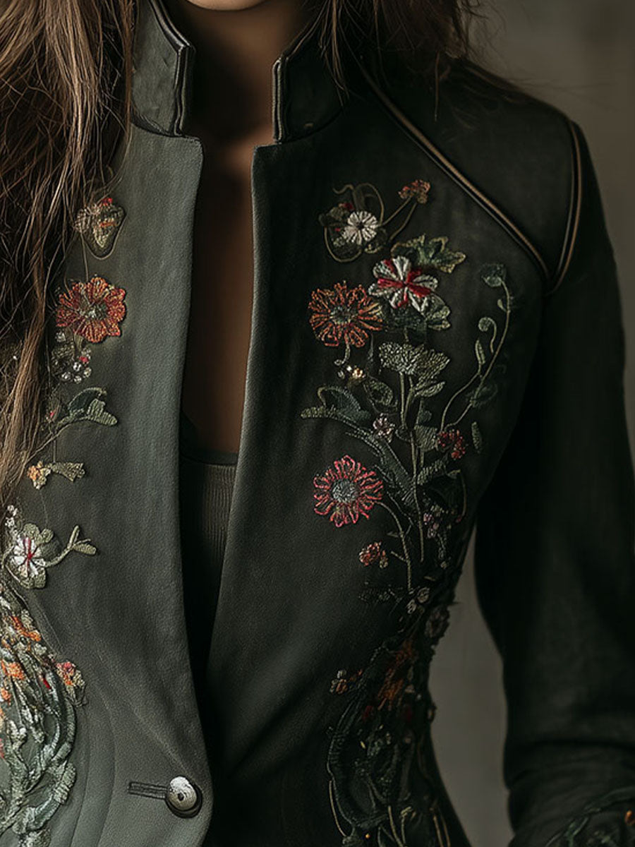 Vintage Mandarin Collar Tailored Embroidered Dark Green Jacket