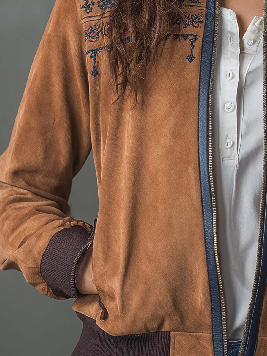 Vintage Suede Embroidered Bomber Jacket