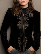 Embroidered Velvet Zip Up Jacket