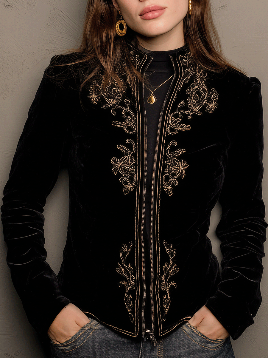 Embroidered Velvet Zip Up Jacket