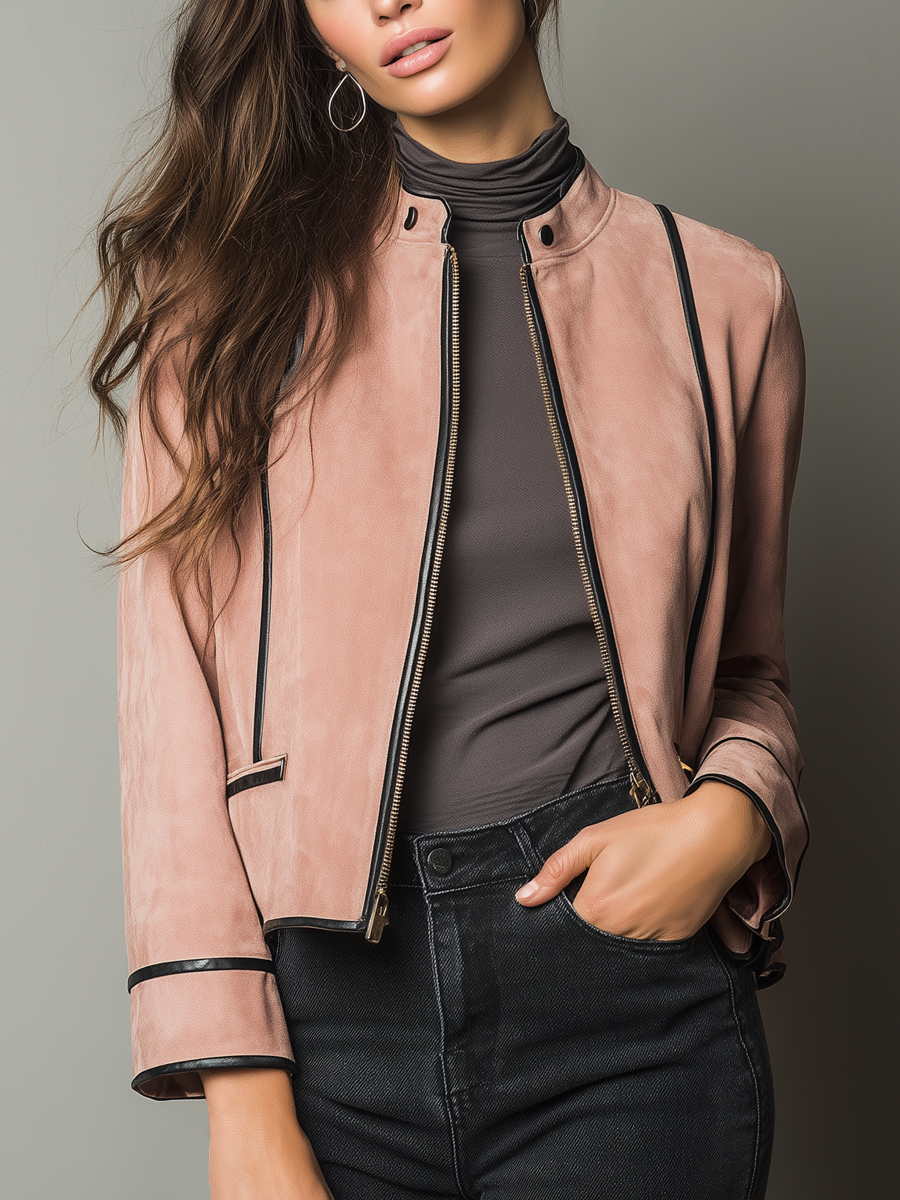 Retro Eco-friendly Leather Contrast Trim Suede Jacket