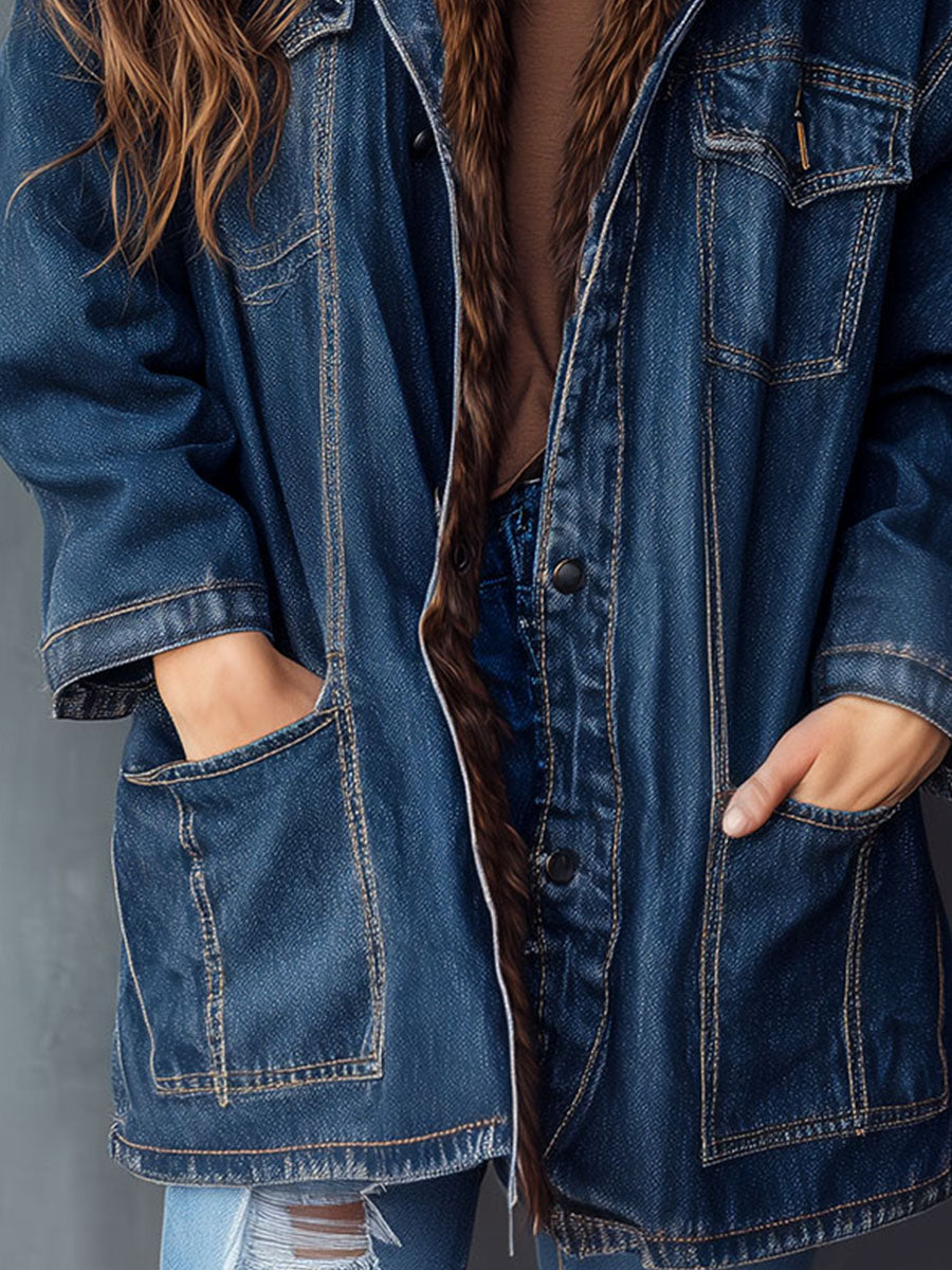 Vintage Oversized Fleeve Linning Denim Jacket With Eco Fur Collar