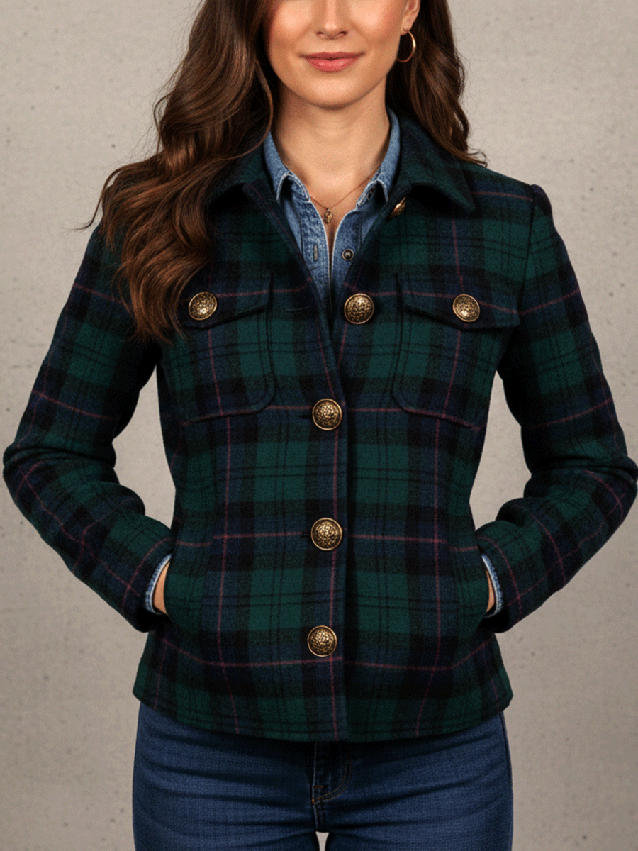 Vintage Green And Navy Plaid Button Detailing Jacket