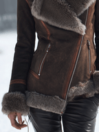 Vintage Brown Warm Shearling Lapel Slim Fit Motorcycle Jacket