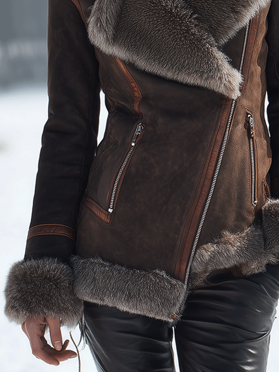 Vintage Brown Warm Shearling Lapel Slim Fit Motorcycle Jacket