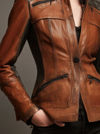 High Collar Brown And Black Leather Fitted Moto Jacket With Zipper Pockets