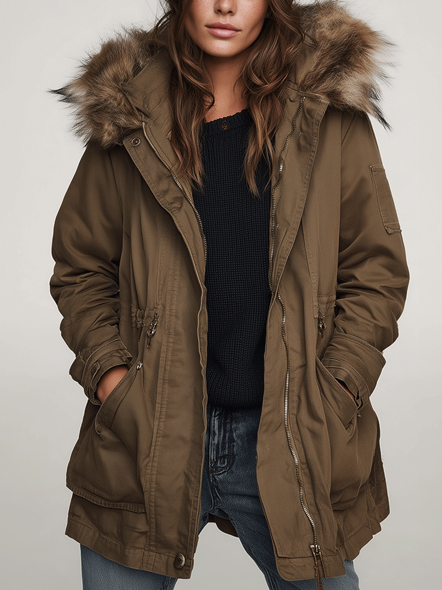 Vintage Khaki Faux Fur Trim Cotton Parka Jacket