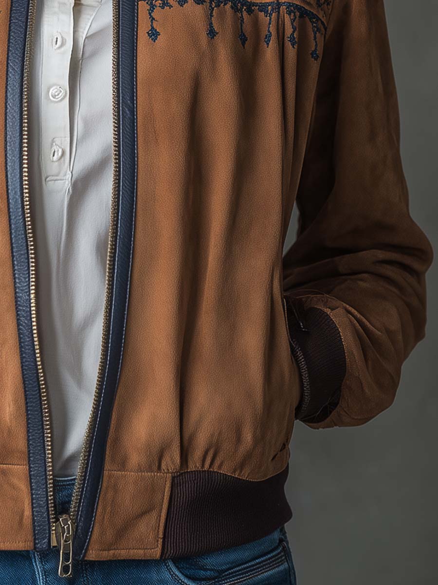 Vintage Suede Embroidered Bomber Jacket