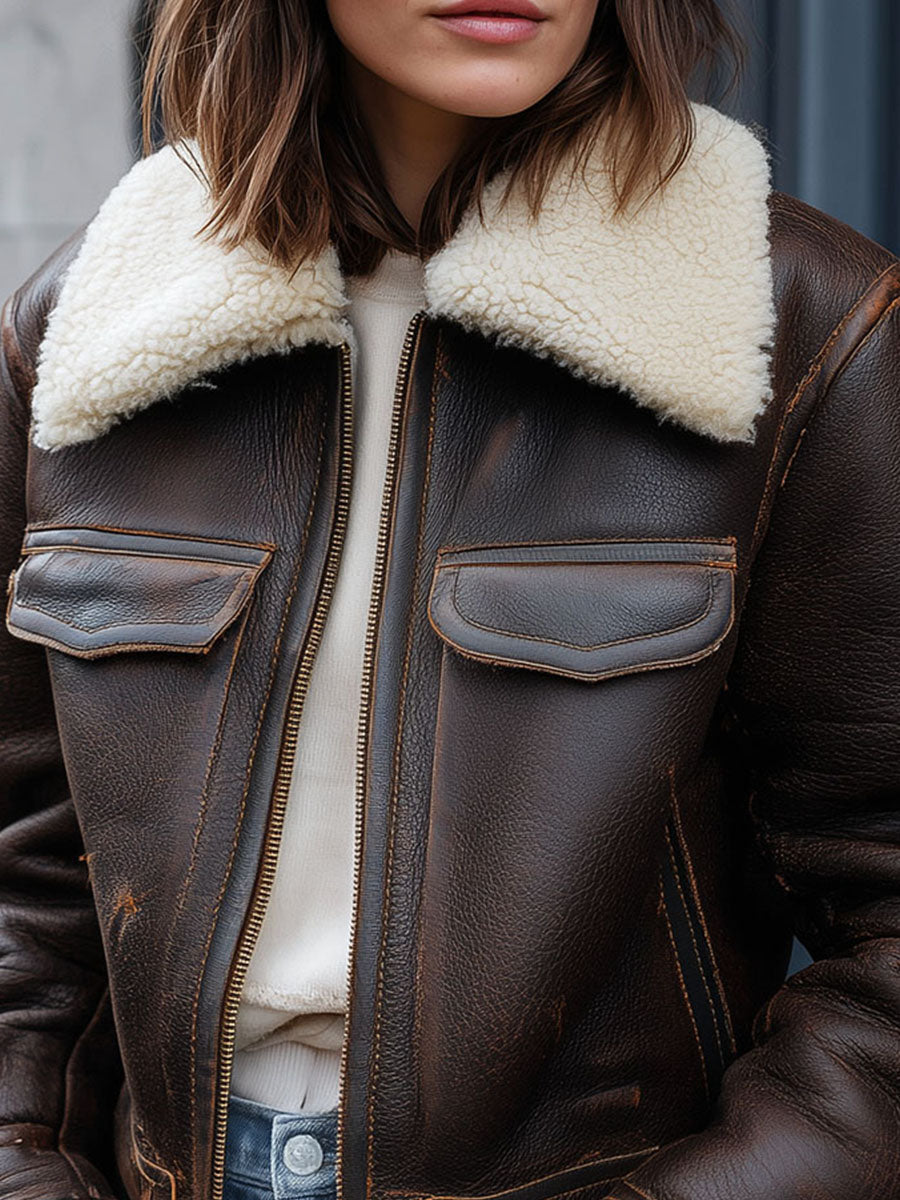 Brown Shearling Eco Leather Aviator Bomber Jacket With Warm Fleece Collar