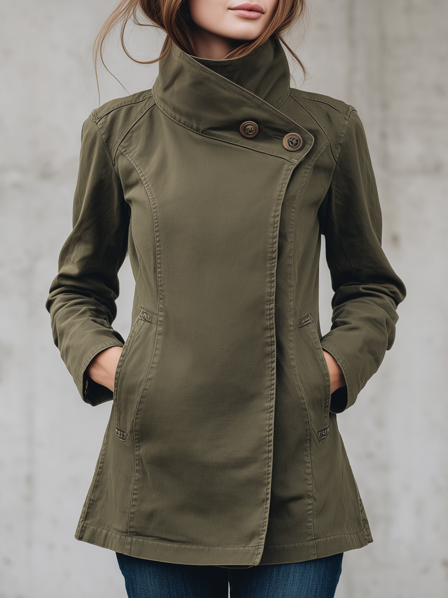 Olive Green High Neck Asymmetric Button Utility Jacket