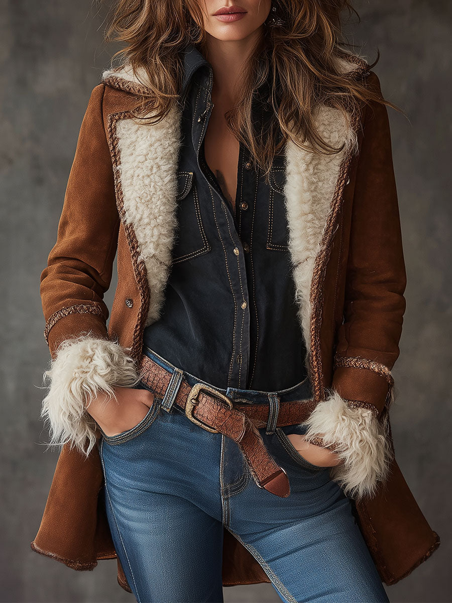 Vintage Suede Sherpa Patchwork Waist Midi Coat