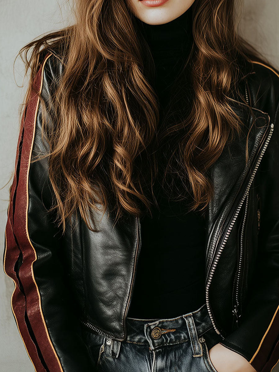 Black Eco Leather Moto Biker Jacket With Burgundy Side Stripes