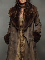Vintage Suede Fur Collar Patchwork Mid-length Coat