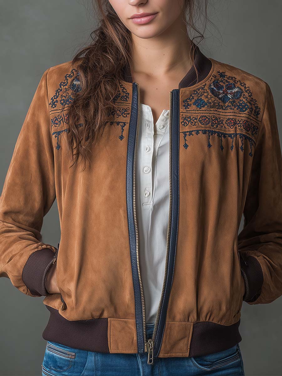 Vintage Suede Embroidered Bomber Jacket