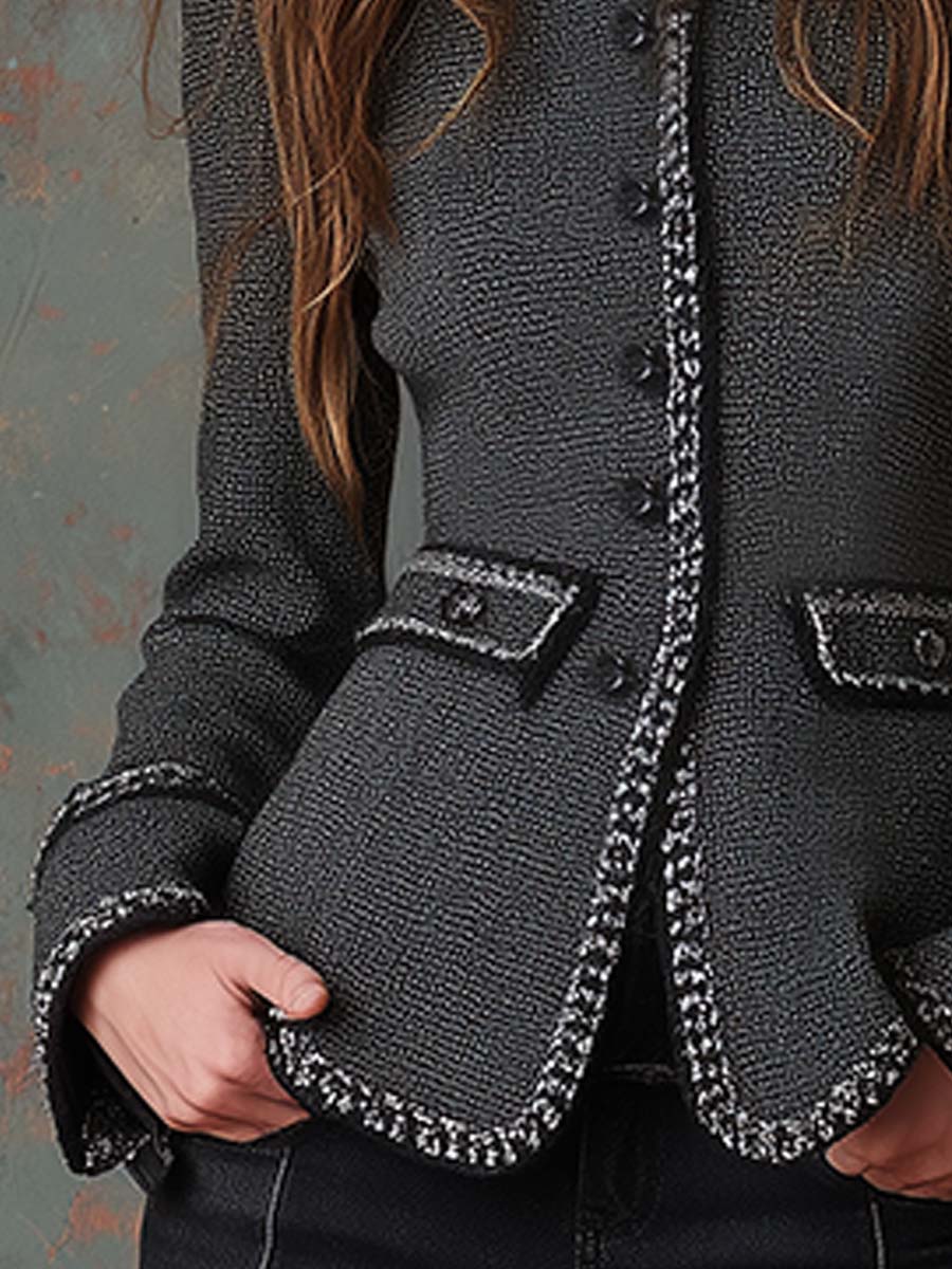 Vintage-Inspired Black Tweed Trim Blazer
