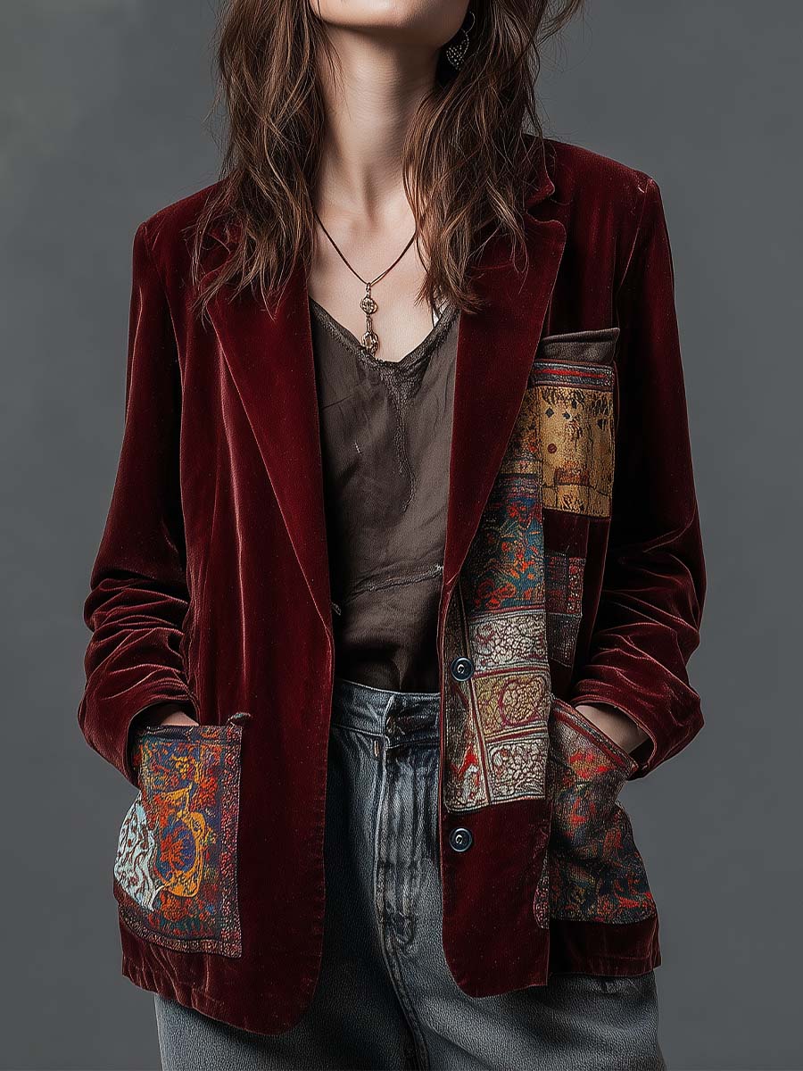 Vintage Patchwork Print Velvet Blazer