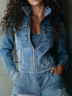 Casual High Collar Light Blue Zip-Up Denim Jacket With Pockets