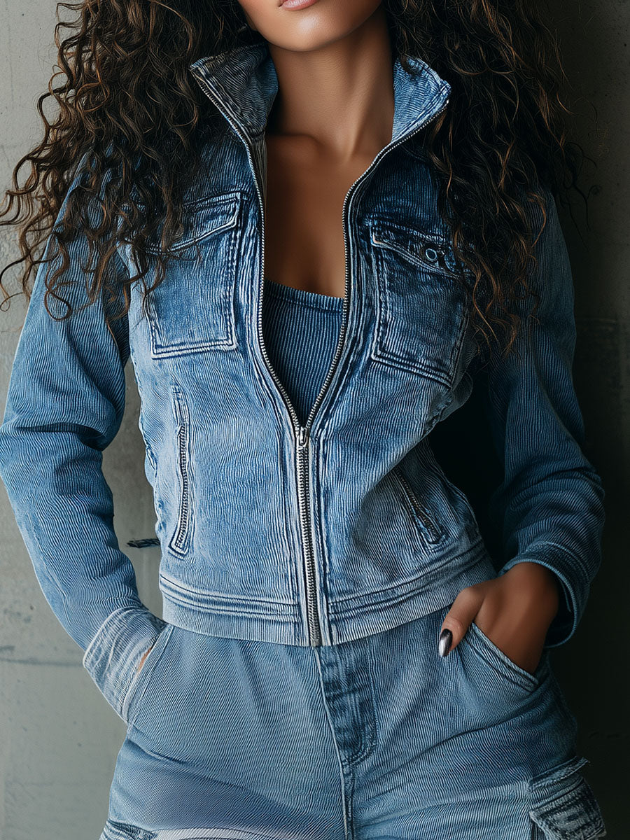 Casual High Collar Light Blue Zip-Up Denim Jacket With Pockets