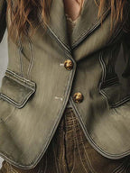 Vintage Olive Green Utility Blazer With Contrast Stitching