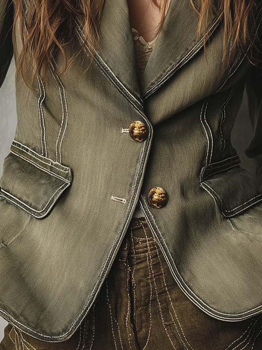 Vintage Olive Green Utility Blazer With Contrast Stitching