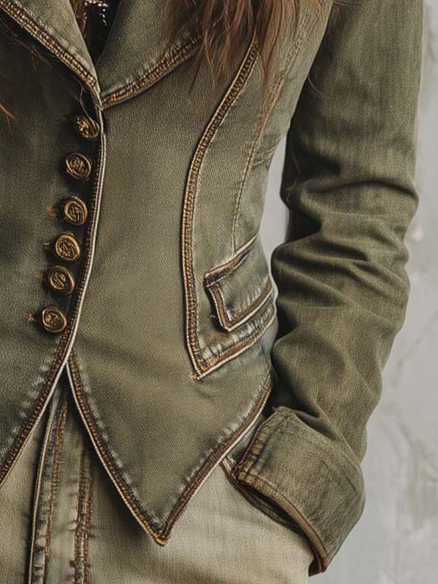 Vintage Olive Green Tailored Blazer With Statement Buttons