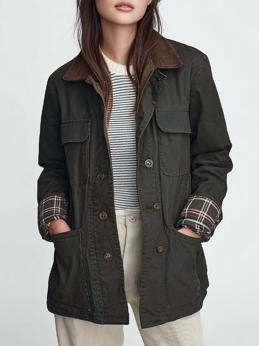 Retro Contrast Collar Plaid Cuffs Barn Jacket