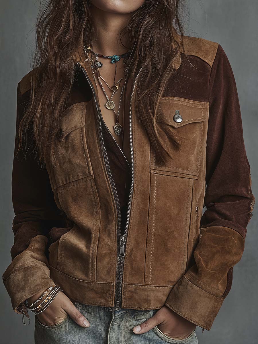 Vintage Suede Patchwork Jacket With Zipper Closure